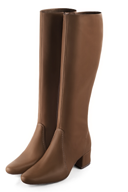Caramel brown women's feminine knee-high boots. Round toe. Low flare heels. Made to measure. Front view - Florence KOOIJMAN